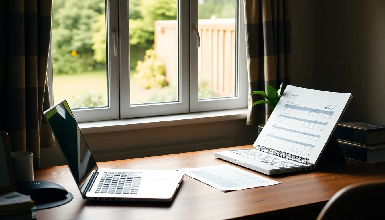 A tidy home office desk in a British cottage with a laptop and a folder of retirement account statements, illustrating how a US 401(k) is taxed for UK residents