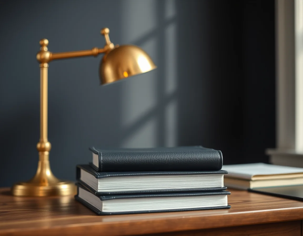Three navy ledgers beside a brass lamp on a walnut desk, like the two sets of books accountants for US and UK businesses keep