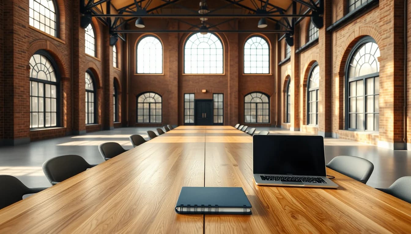 Long oak table with a laptop and navy notebook in an empty brick warehouse office where US and UK businesses meet accountants