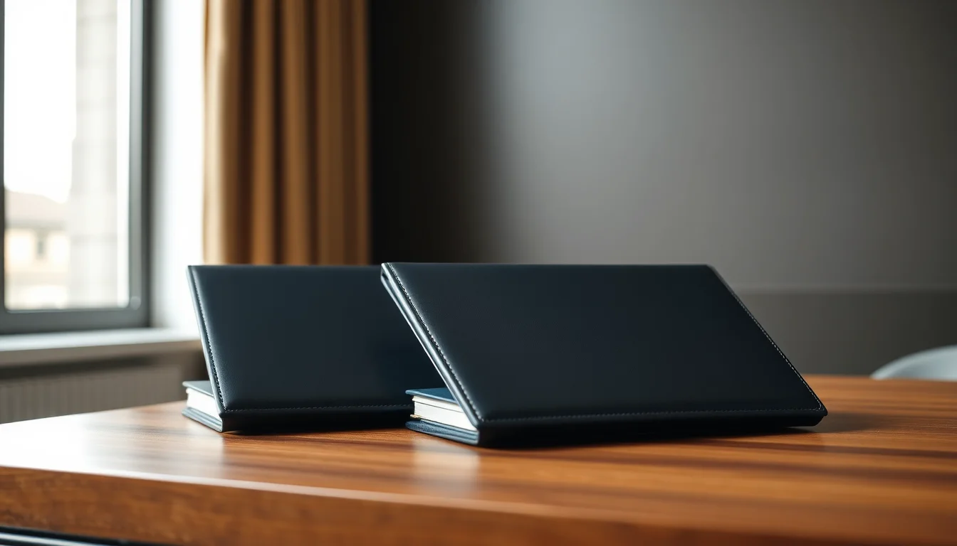 Two matching navy folders side by side on a desk, representing choosing accountants for US and UK taxes