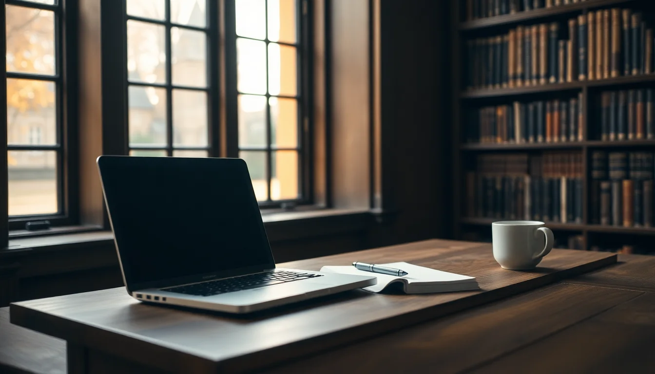 A laptop, notebook and mug on a desk in a British university library, illustrating American student UK tax and US filing questions