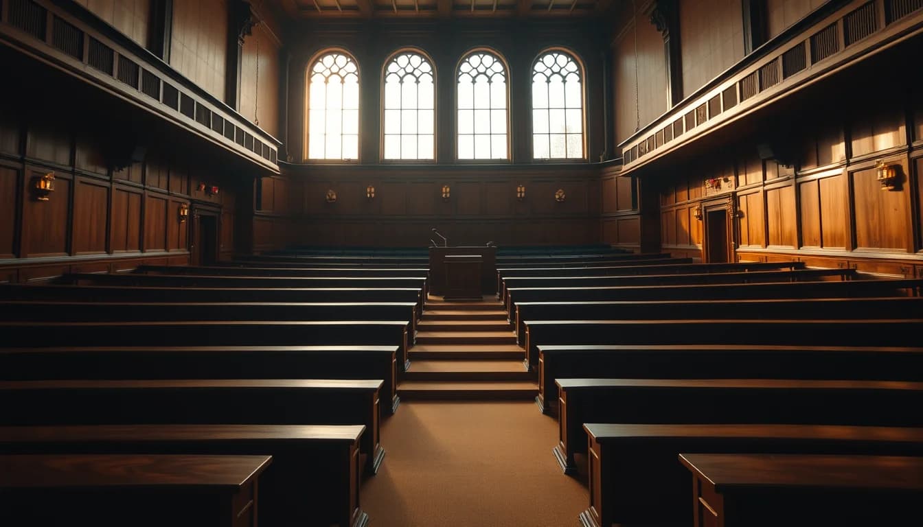 An empty oak-panelled university lecture theatre lit by four arched windows, for American teacher UK tax rules
