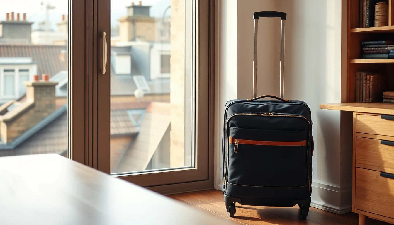 A navy carry-on suitcase beside a window overlooking London rooftops, illustrating the automatic 2-month extension for US expats living abroad