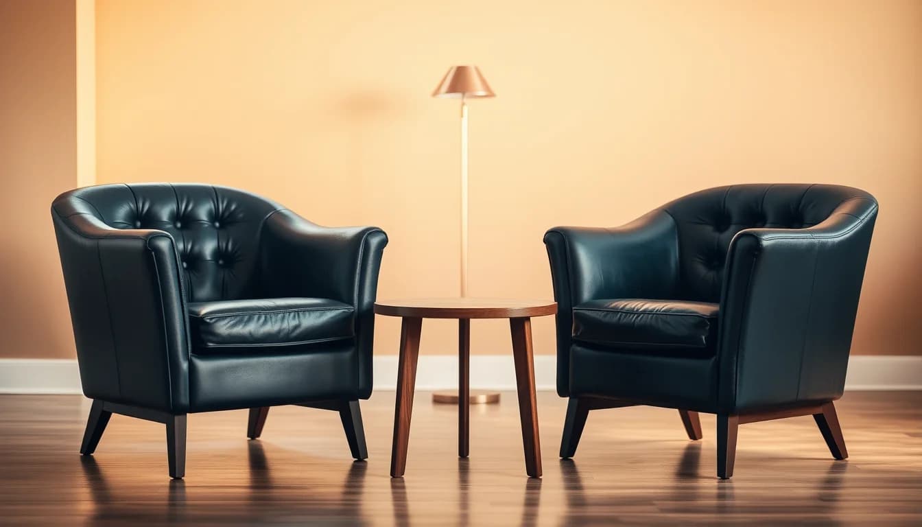 Two navy leather armchairs facing across a small table, for a first meeting with a US UK cross border tax advisor