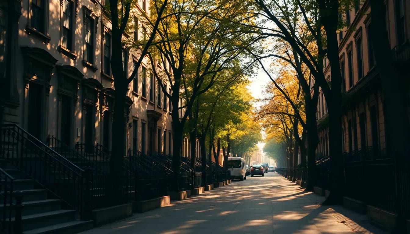 Autumn sunlight on a tree-lined brownstone street in Brooklyn, illustrating a first-year tax guide for Brits moving to the US