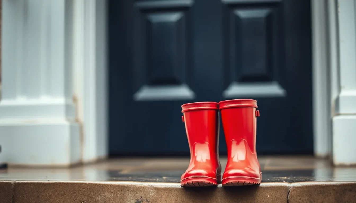 A child's red rain boots on the wet stone step of a navy front door, for the child tax credit for expats living in the UK