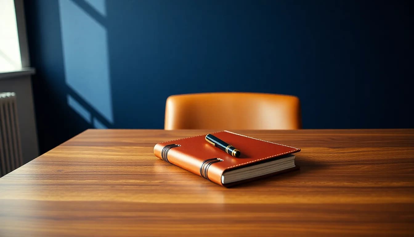 A tan leather notebook and fountain pen on a London accountant's desk, for choosing a CPA for American expats in the UK