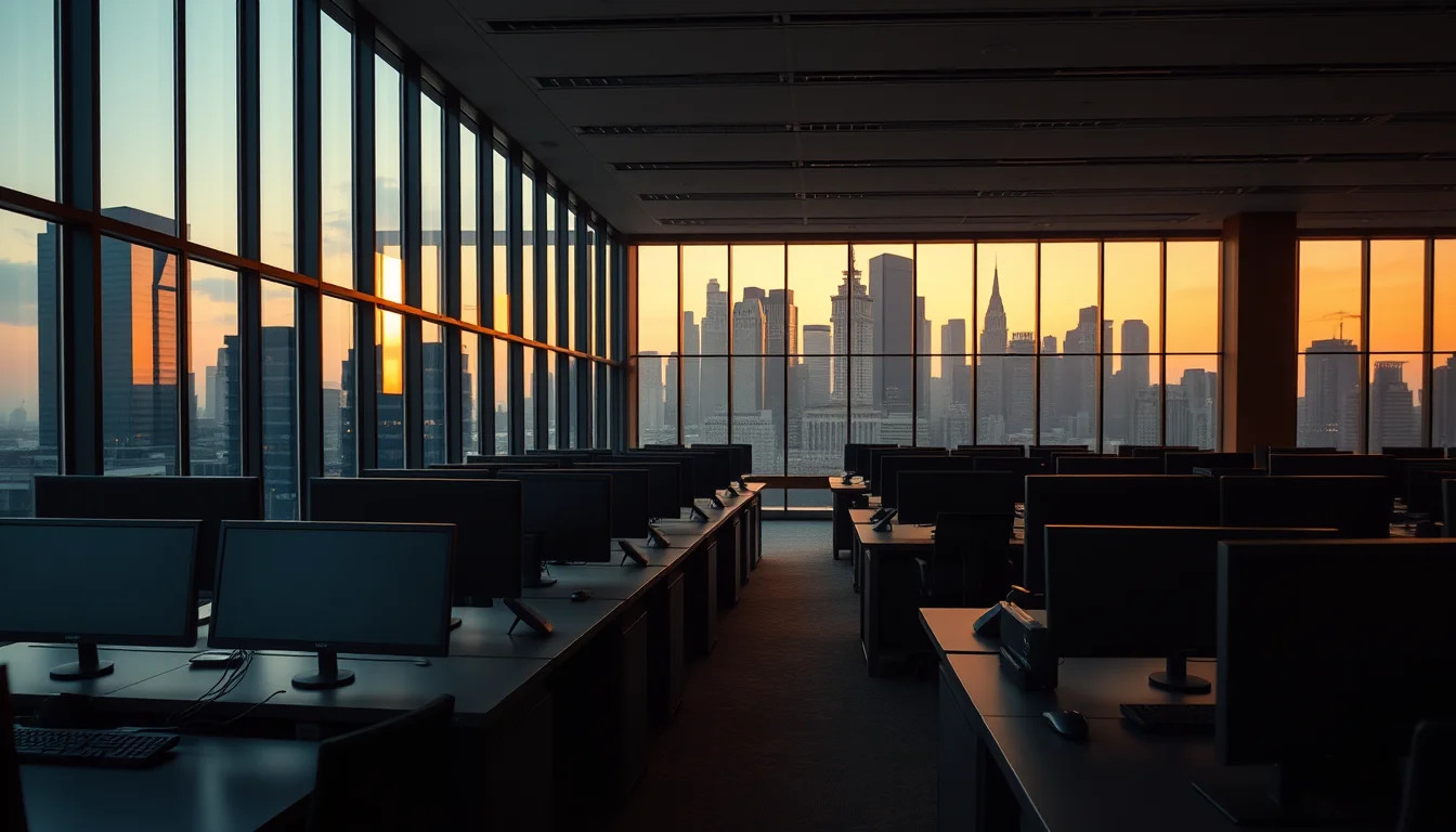 An empty trading floor at dusk with rows of dark screens and a city skyline beyond tall windows, illustrating cross-border investor tax reporting