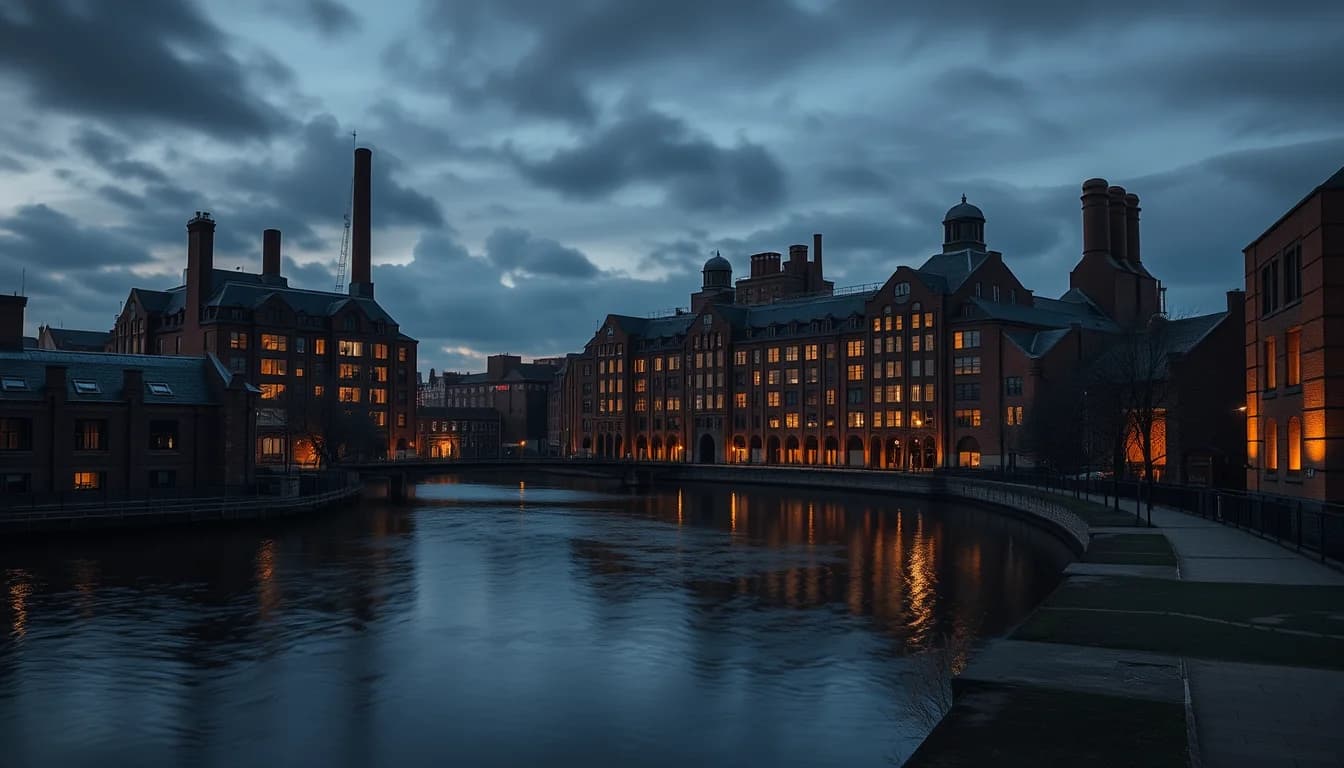 Converted red brick mill buildings beside a canal at dusk, for a guide to working with a cross border tax accountant in Manchester