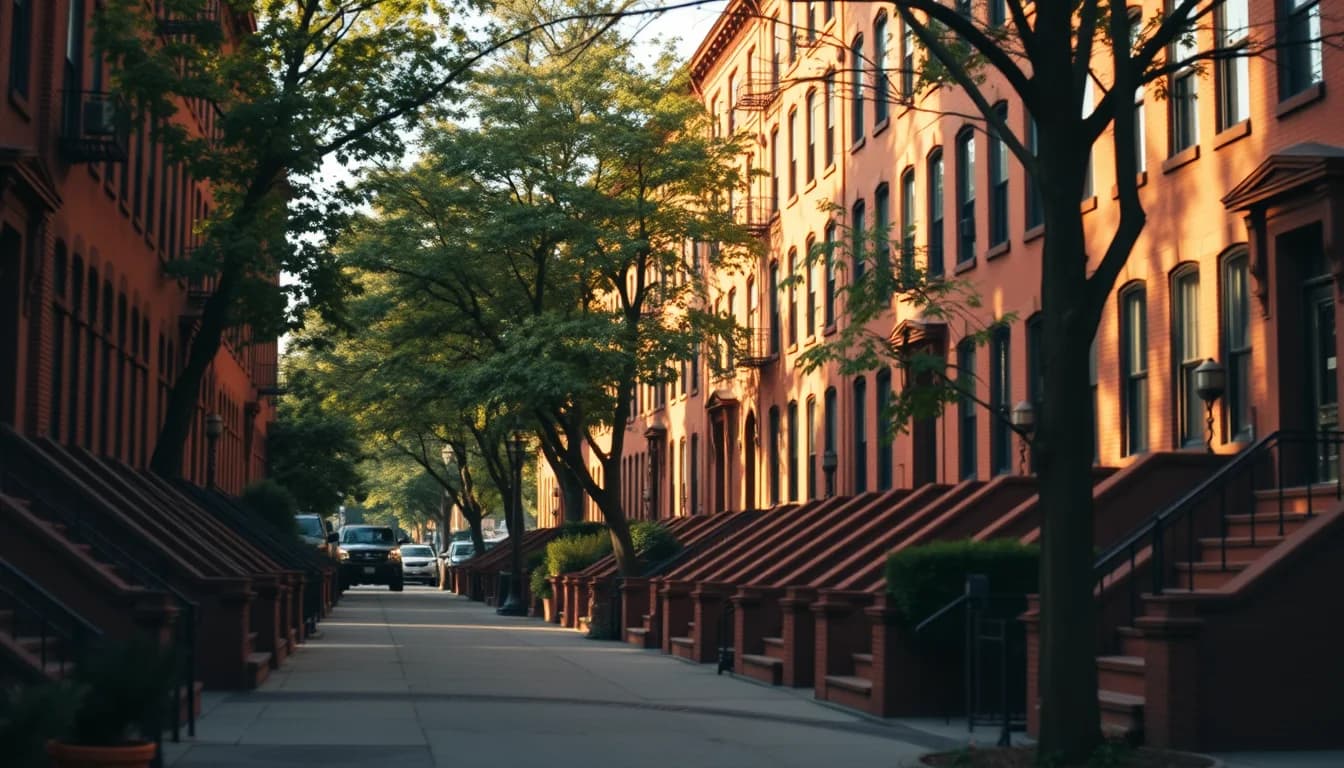 A tree-lined row of brownstone townhouses with stone stoops in warm evening light, for a guide to working with a cross border tax accountant in New York