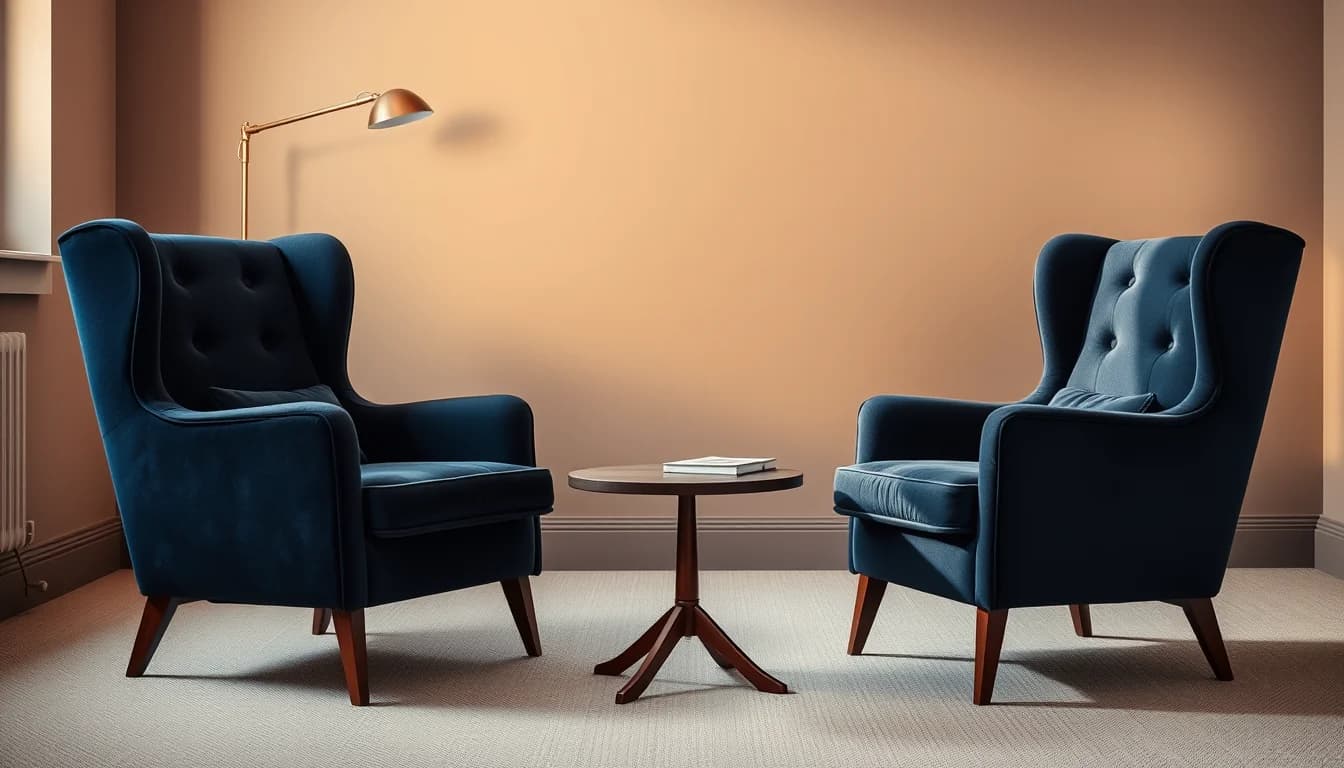 Two navy wingback armchairs facing a walnut side table, for cross border tax specialists advising dual citizens
