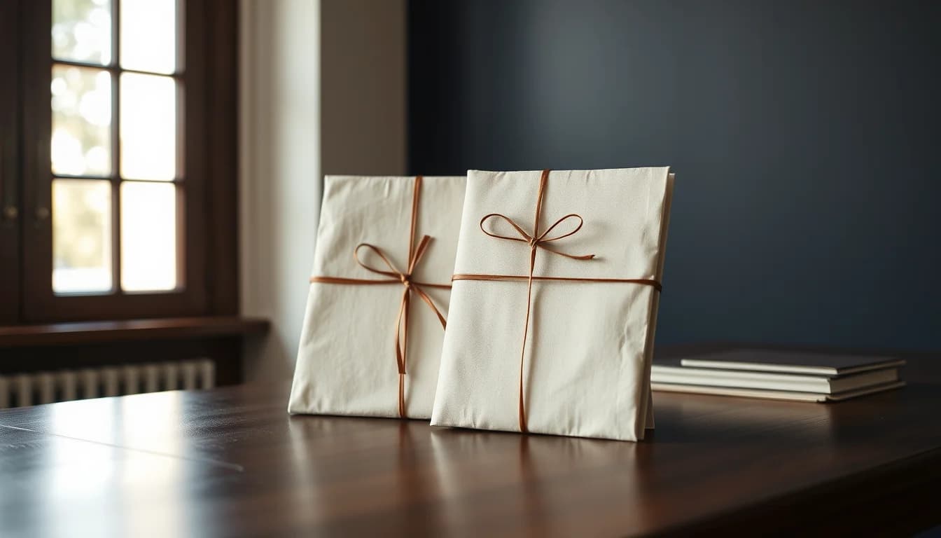 Two cream packets tied with bronze ribbon standing on a dark desk by a window, for a cross-border will in the US and UK
