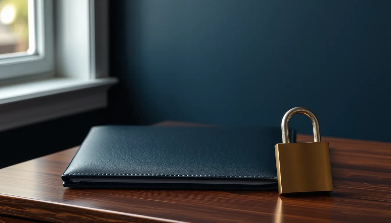 A navy leather folder beside a brass padlock on a walnut desk, for crypto FBAR reporting and account privacy