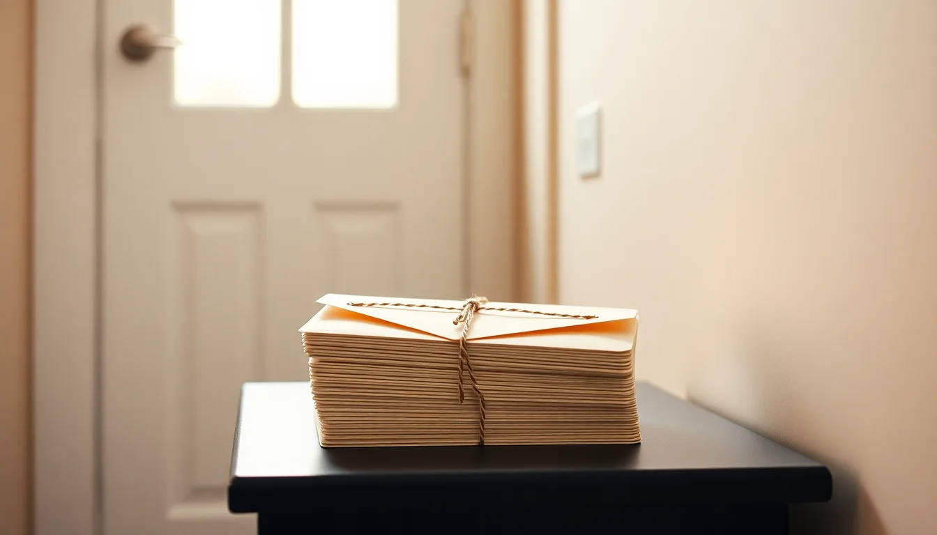 A bundle of unopened envelopes tied with string on a hallway table, illustrating the delinquent FBAR submission procedures