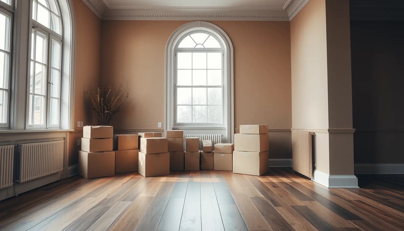 Moving boxes stacked in an empty period living room with tall windows, illustrating US and UK tax on a divorce settlement