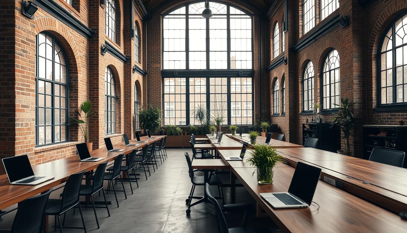 Empty startup office in a brick London warehouse with desks and laptops, the kind of firm EIS and SEIS fund for a US citizen