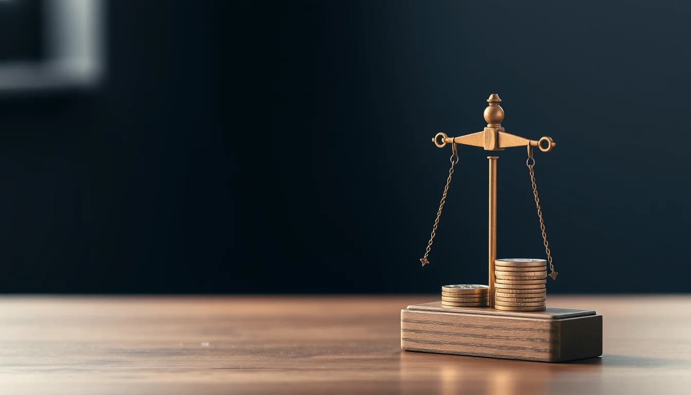 A small brass balance scale with two stacks of bronze coins on a walnut desk, weighing EMI options for a US citizen