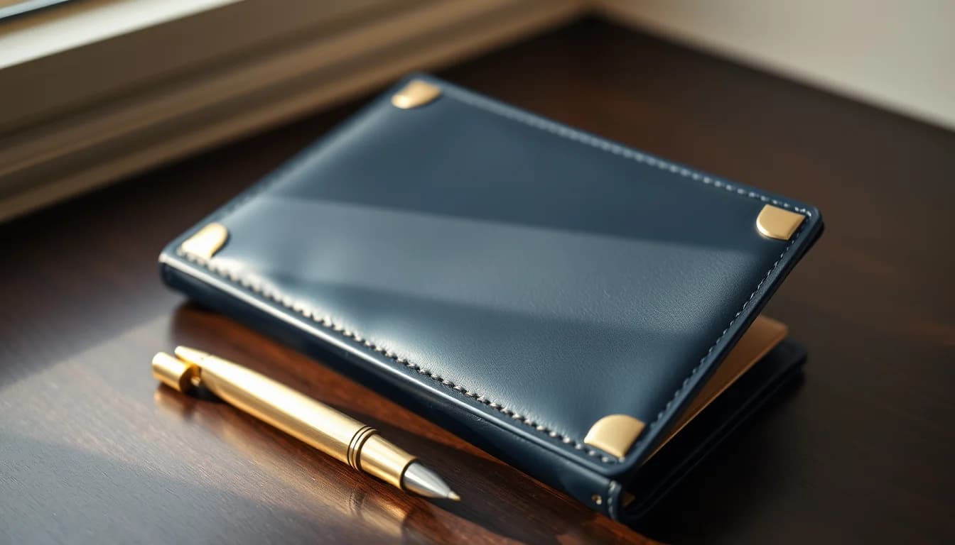A closed navy leather travel wallet with brass corners and a brass pen on a walnut desk, illustrating the exit tax and Form 8854 when giving up US citizenship
