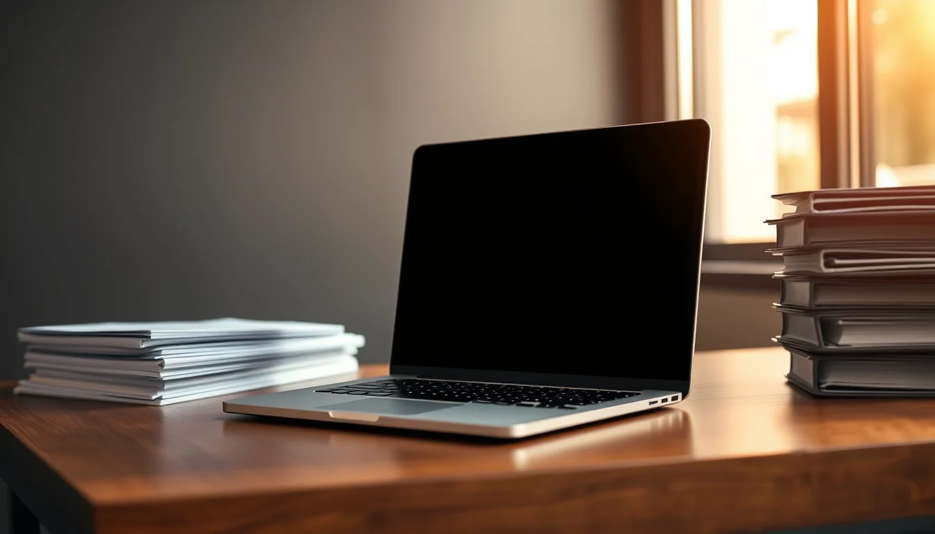 A laptop with a blank screen between stacks of paper files, for a guide to expat tax software vs cross border tax specialists