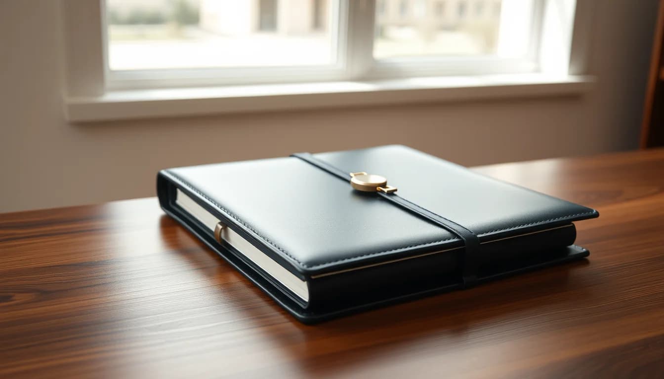 A closed navy leather portfolio on a wooden desk by a window, representing the Form 8938 FATCA reporting threshold for Americans living abroad