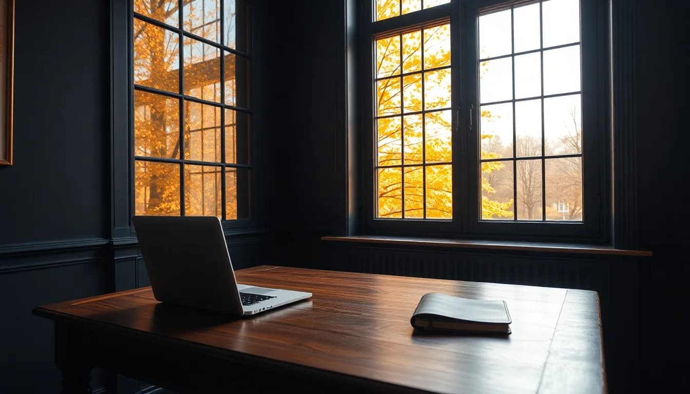 A quiet study with a laptop and notebook on an oak desk beside autumn trees, ahead of the October FBAR deadline in 2026