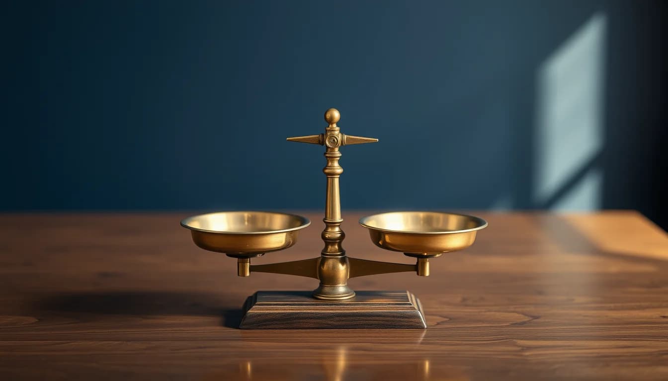 A brass balance scale on a wooden desk against a navy wall, weighing non-willful against willful FBAR penalties