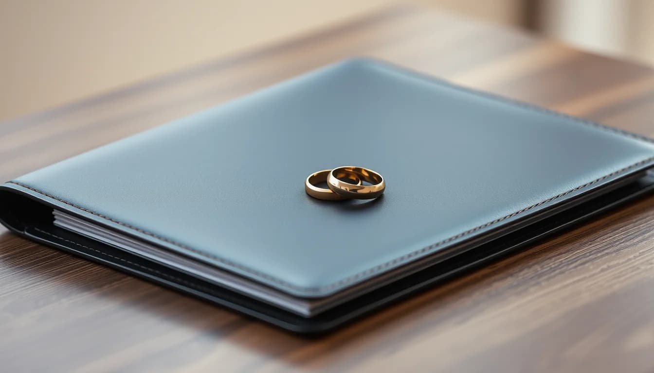 Two gold wedding bands resting on a closed navy leather folio on a walnut desk, representing joint accounts under the FBAR requirements for expats