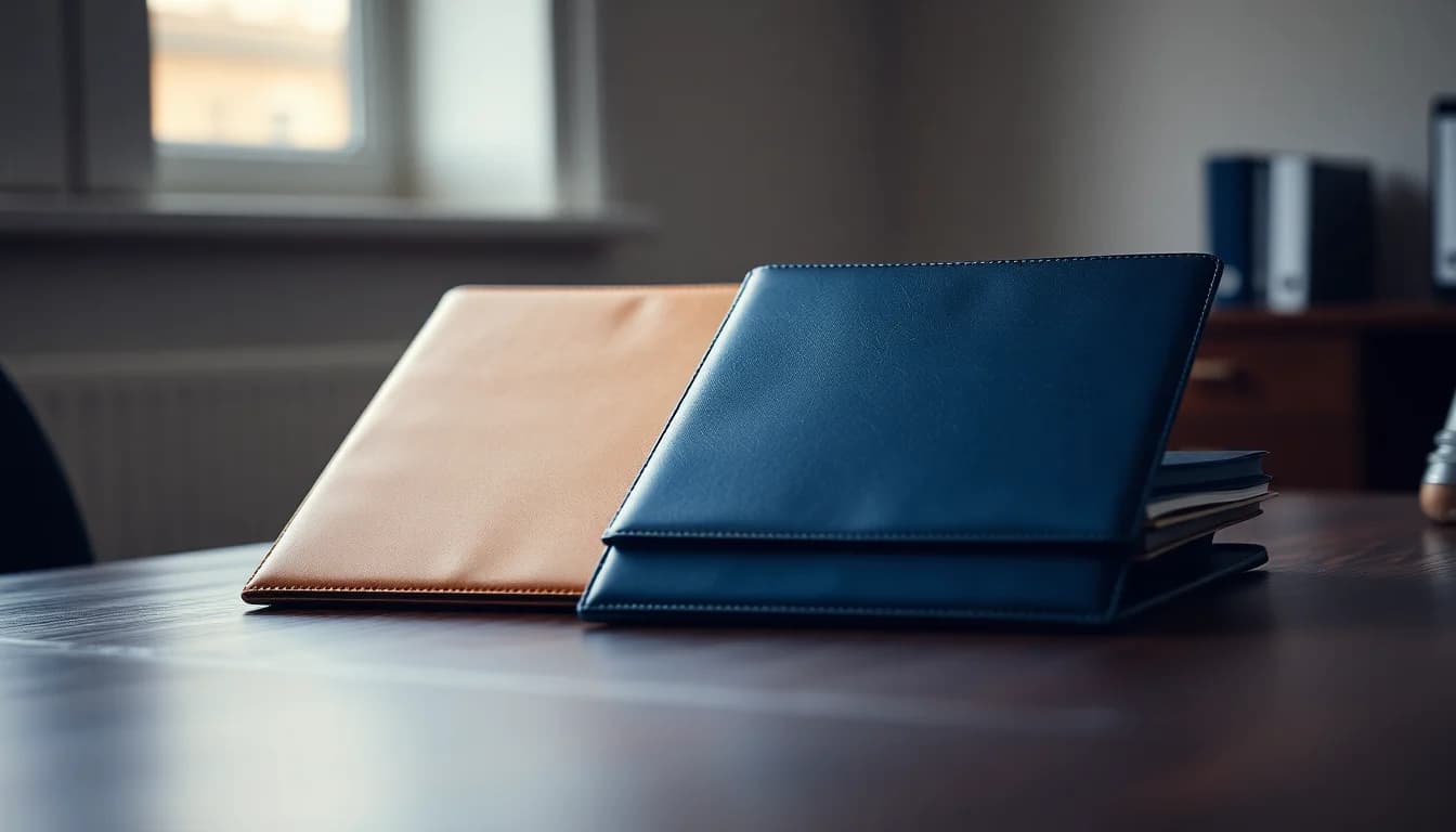 A tan and a navy leather folder standing side by side on a dark desk, representing FBAR vs Form 8938 foreign account forms