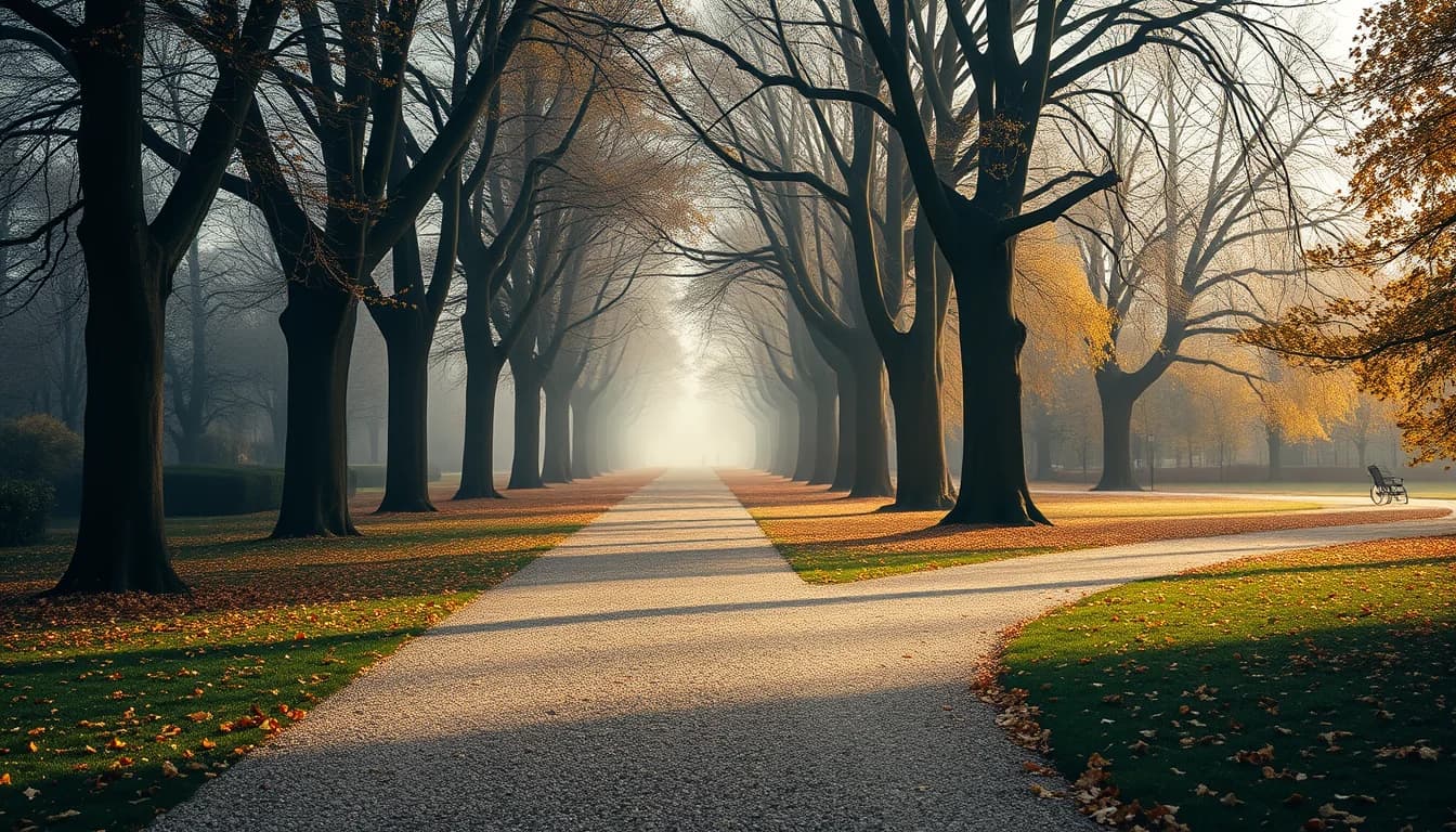 A gravel path in a misty autumn park splitting into two routes, like the FEIE vs foreign tax credit choice in the UK