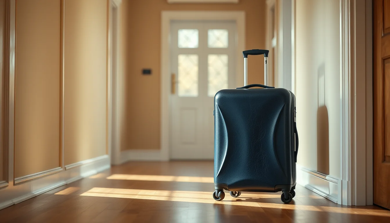 A navy suitcase standing in the sunlit hallway of a London flat, illustrating a new arrival to the UK considering the foreign income and gains regime