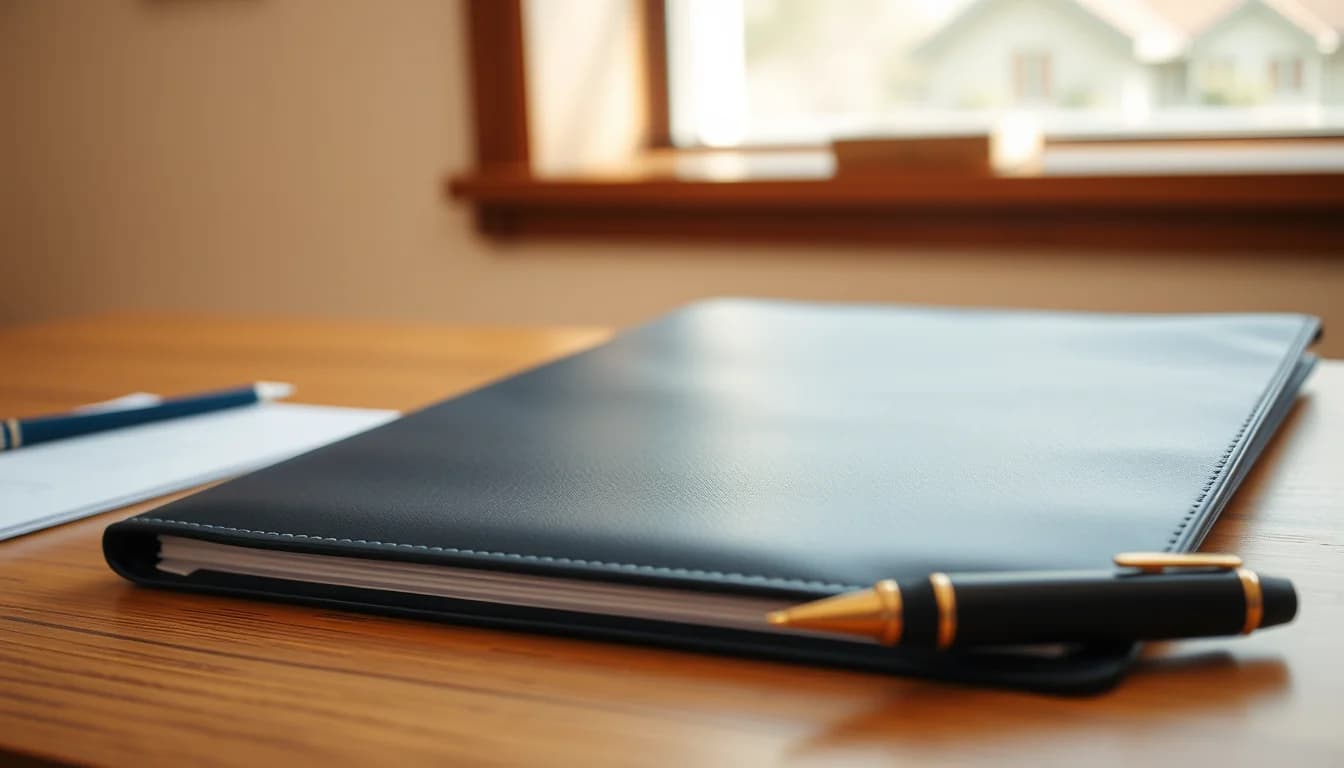 A navy leather document folder and a bronze pen on an oak desk in soft window light, illustrating a claim for foreign tax credit relief in the UK for US tax paid
