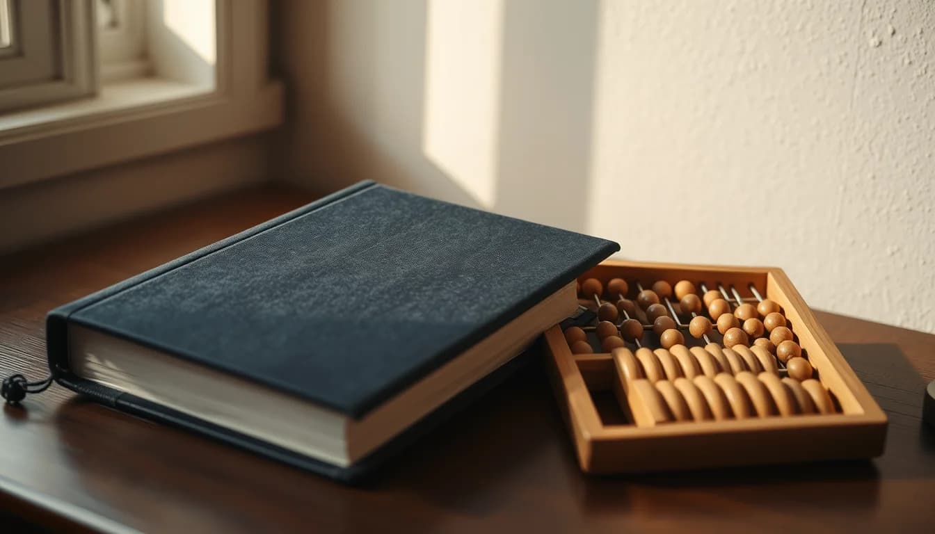 A navy cloth-bound ledger beside a wooden abacus on a desk, representing working through the Form 8621 instructions