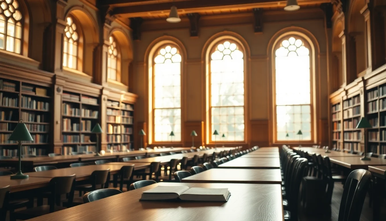 A sunlit university library reading room with long tables and green lamps, illustrating Form 8843 for a UK student in the US