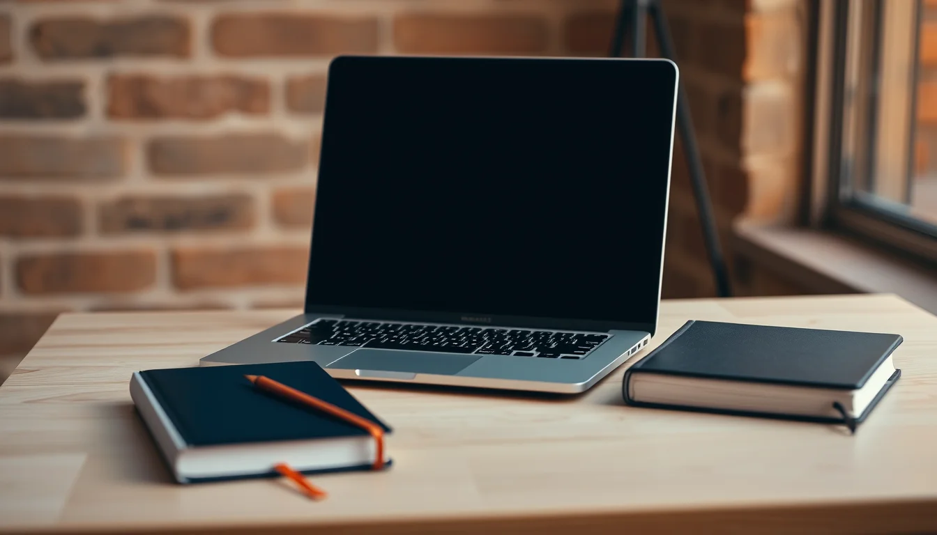 A laptop and two navy notebooks on a pale oak desk in a brick-walled startup workspace, illustrating founder tax for a US/UK startup