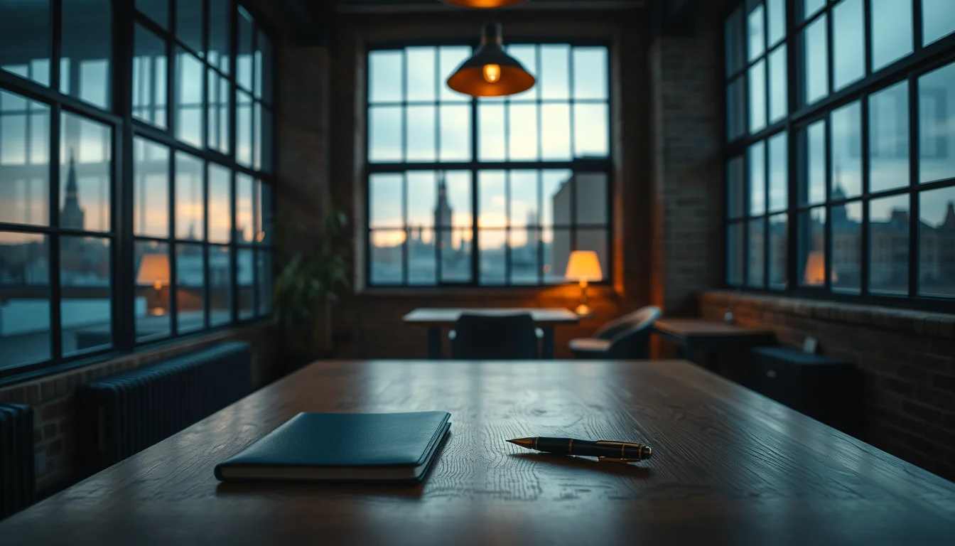 An oak desk with a navy folder and fountain pen in a brick warehouse office at dusk, for a UK company owner facing GILTI