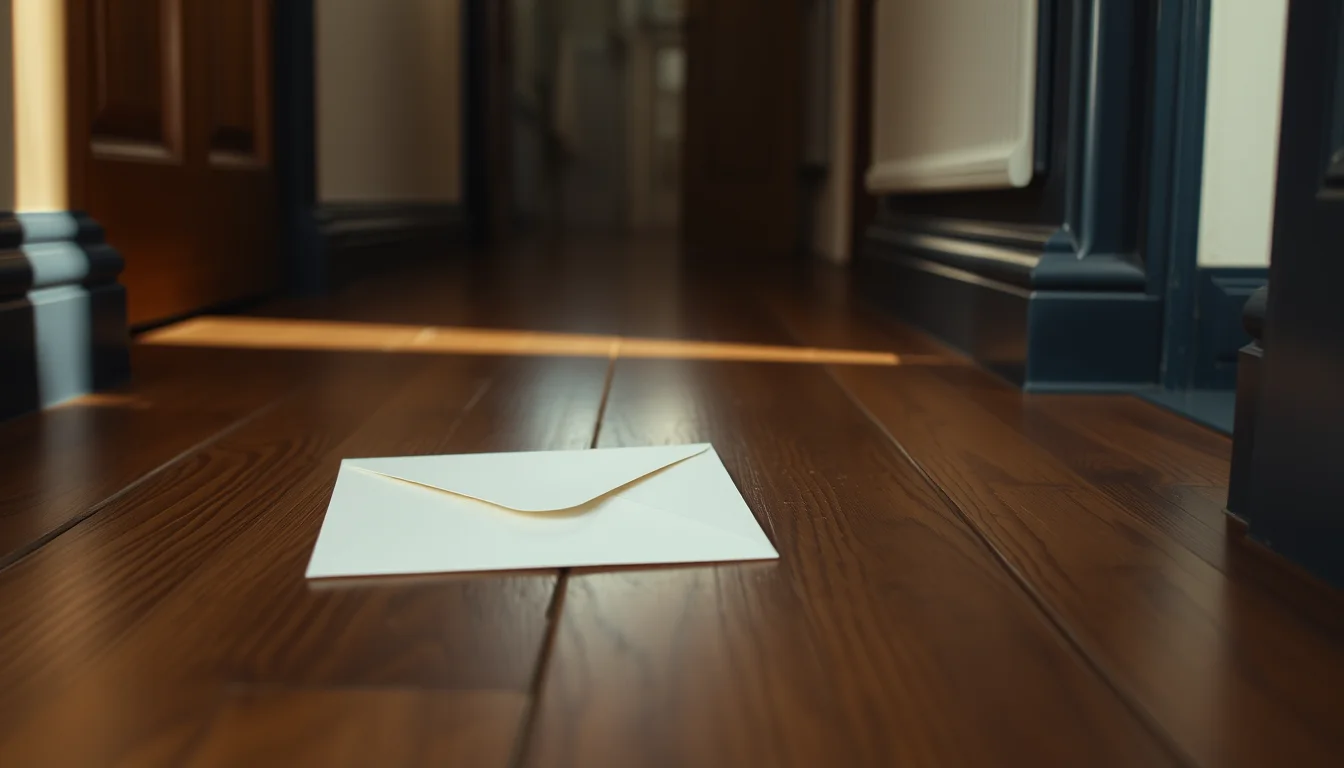A cream envelope on dark oak floorboards by navy skirting, like a letter opening an HMRC compliance check on overseas income