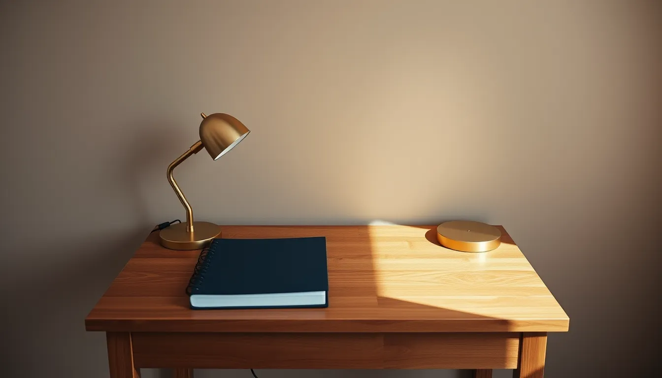 A navy notebook and a brass desk lamp on a wooden desk in warm sunlight, illustrating HMRC payment on account explained for first-time Self Assessment filers