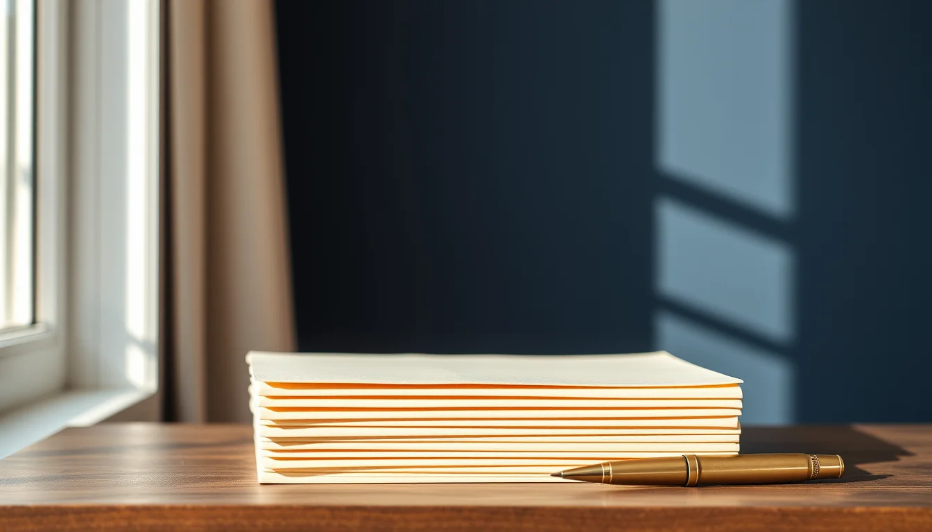 A stack of plain paper folders and a bronze pen on a wooden desk, representing the years of back taxes an expat needs to file