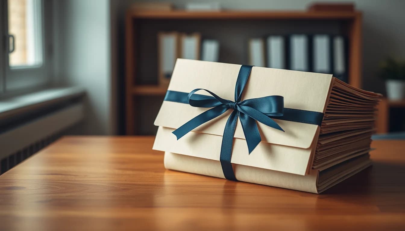 A stack of manila folders tied with a navy ribbon on an oak desk, representing the paperwork that decides how much a cross border tax accountant costs