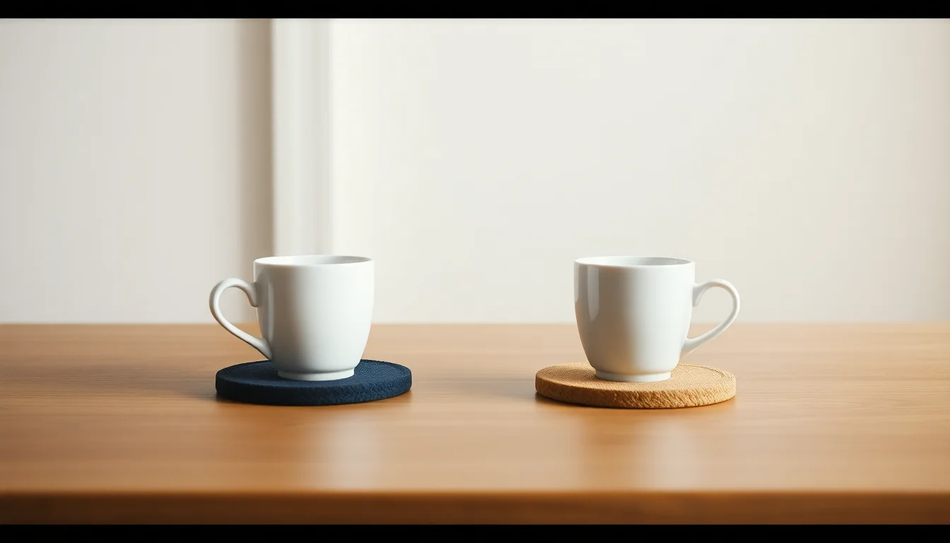 Two identical white cups, one on a navy coaster and one on a tan coaster, illustrating income tax in the UK vs the US