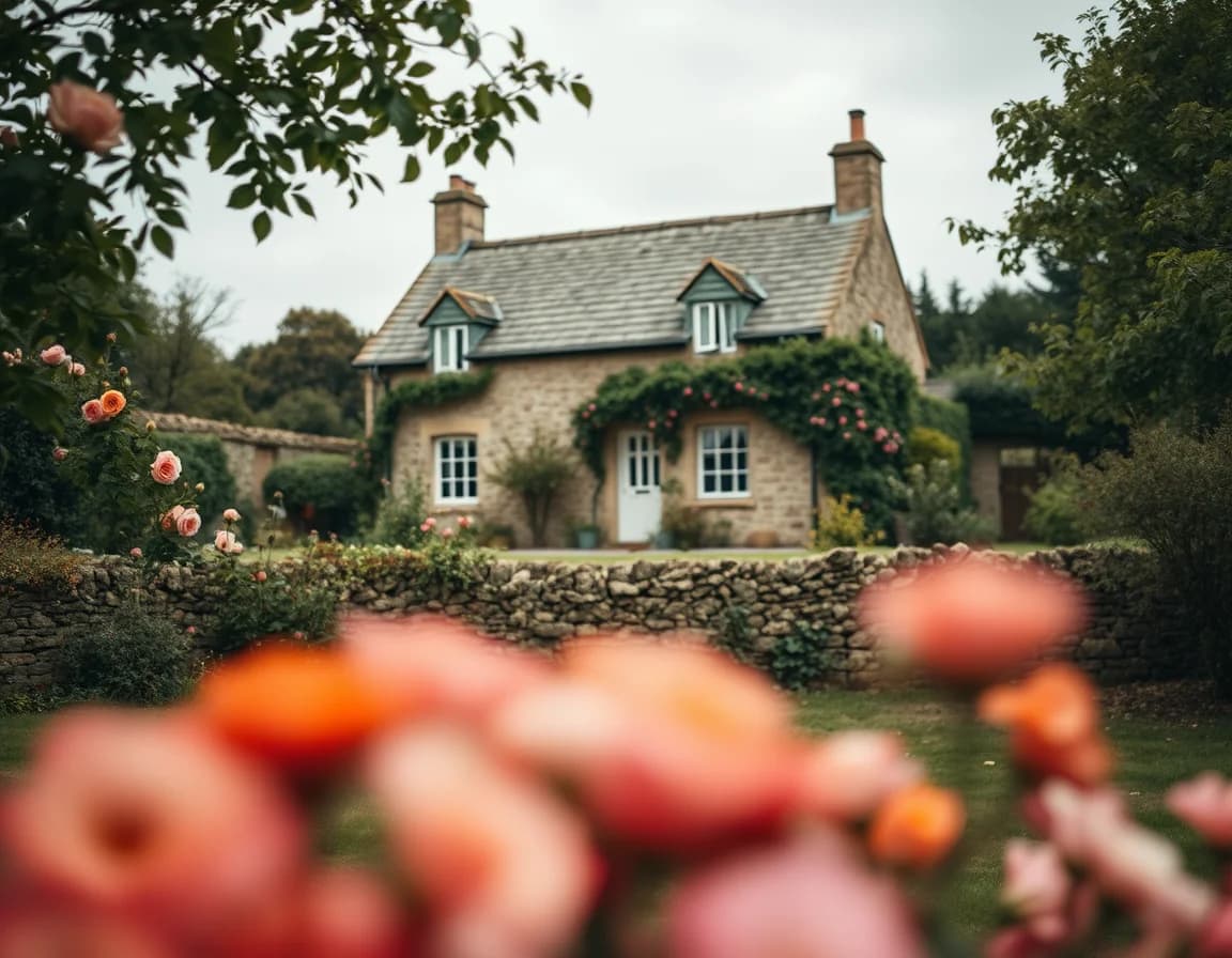 A stone English cottage behind a garden wall and roses, for a guide to inheritance from the UK for a US citizen