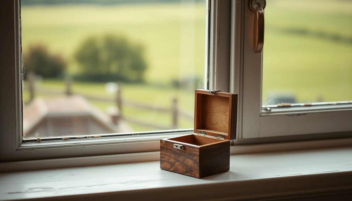 An open wooden keepsake box on a windowsill above English fields, for a US citizen's guide to tax on a UK inheritance