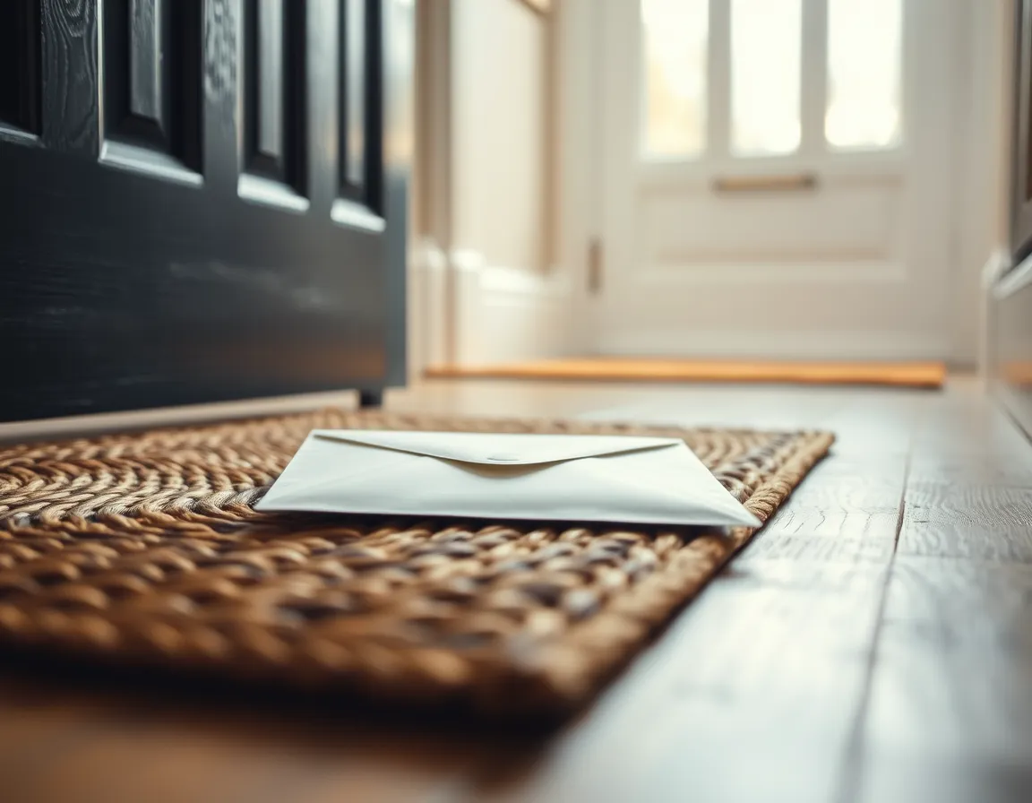 A cream envelope on a woven doormat in an English hallway, for the guide to inheriting US assets as a UK resident