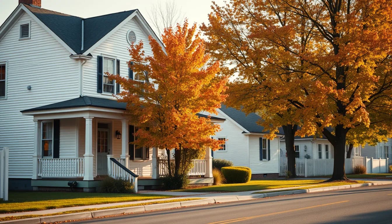A white clapboard American family house under autumn maples, illustrating a UK resident inheriting US assets from a parent