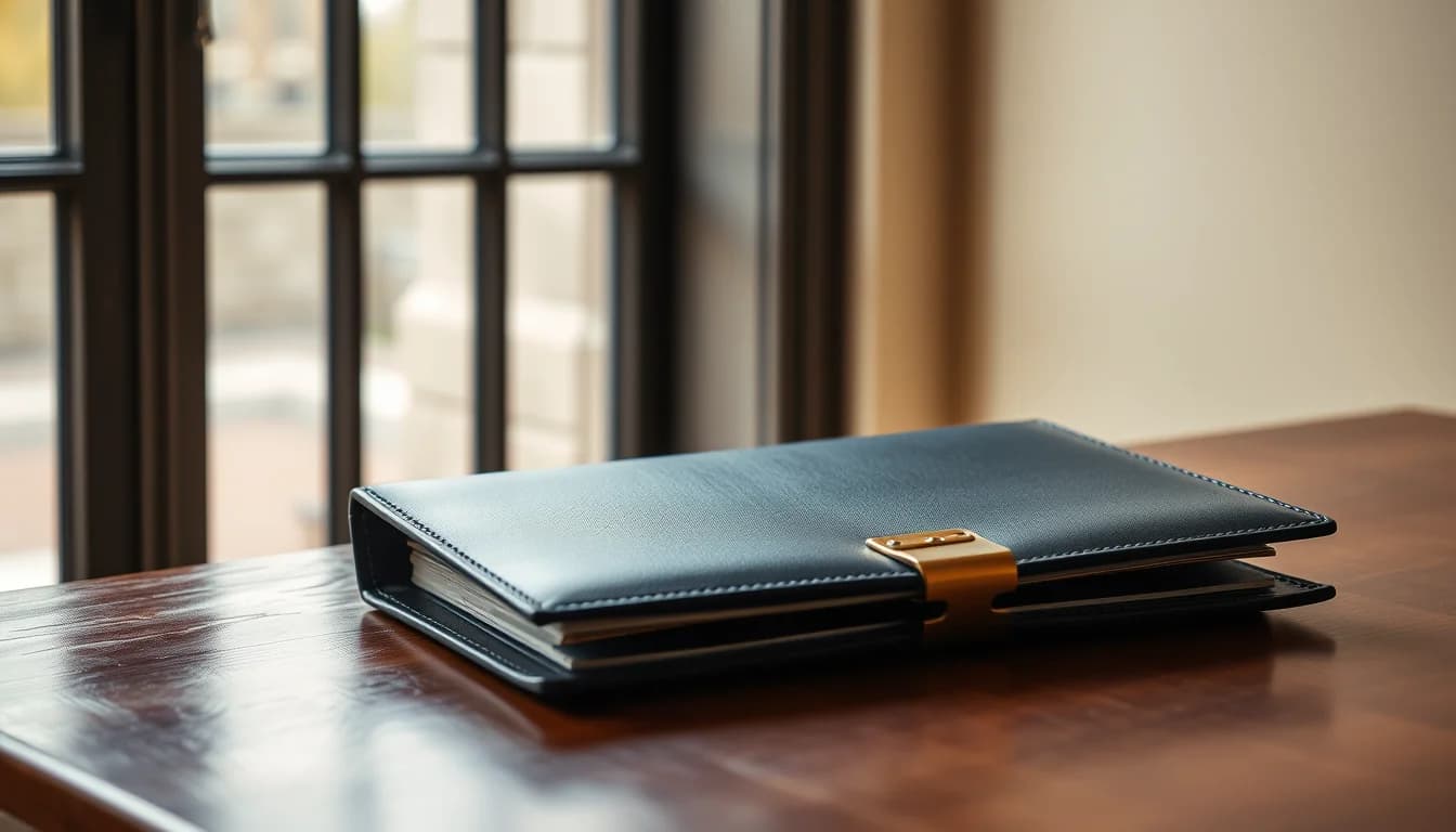 A closed navy leather portfolio with a brass clasp on a walnut desk by a Georgian sash window, illustrating investing as an American in the UK