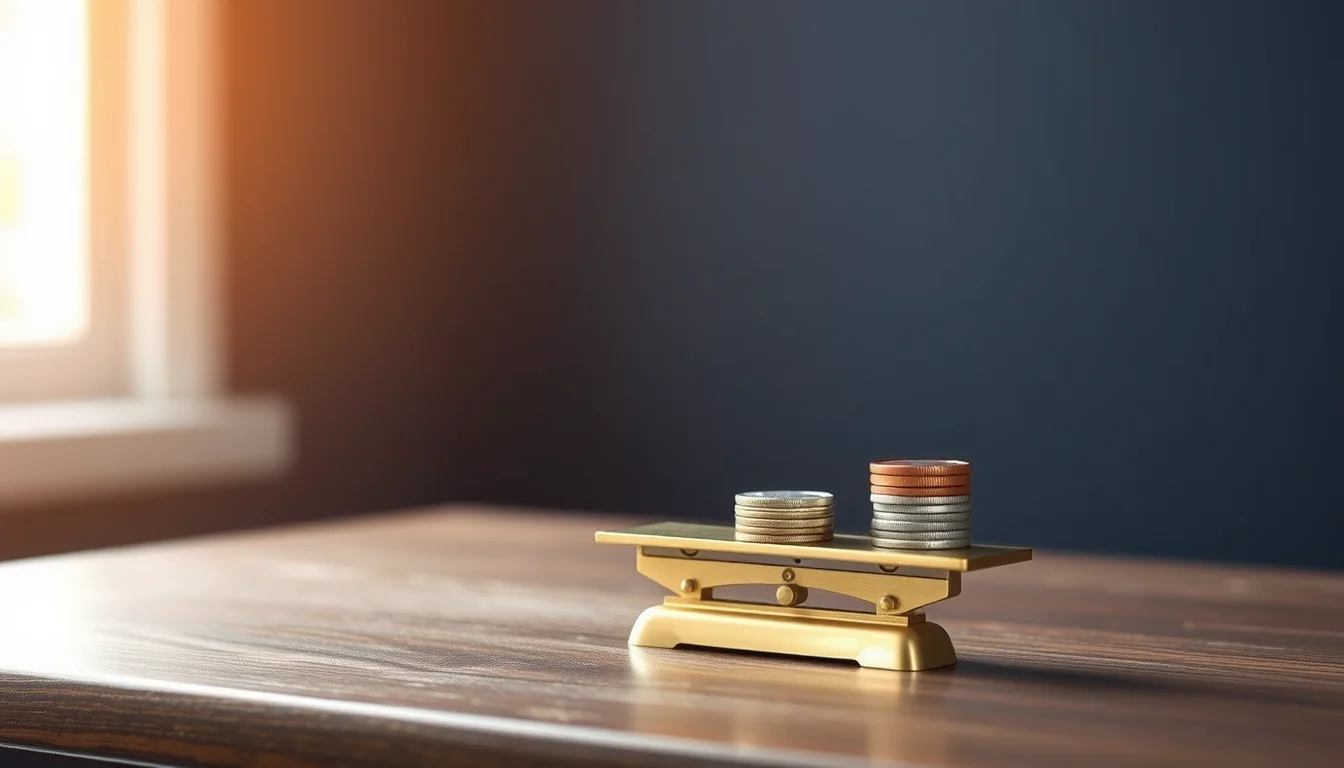 Two stacks of coins on a small brass scale against a navy wall, illustrating the IRS exchange rate for GBP
