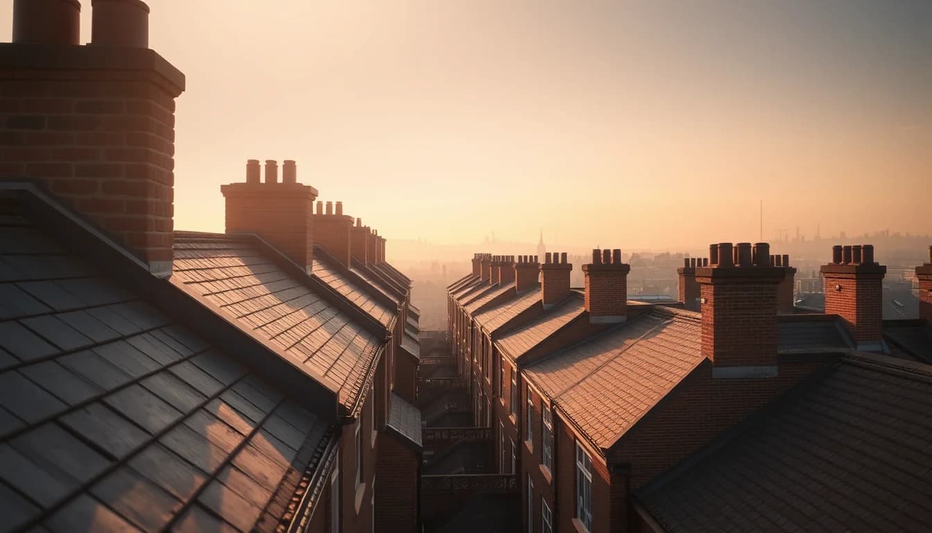 Rooftops and chimneys of Victorian terraced houses in London at golden hour, illustrating landlord tax on UK rental income for a US citizen