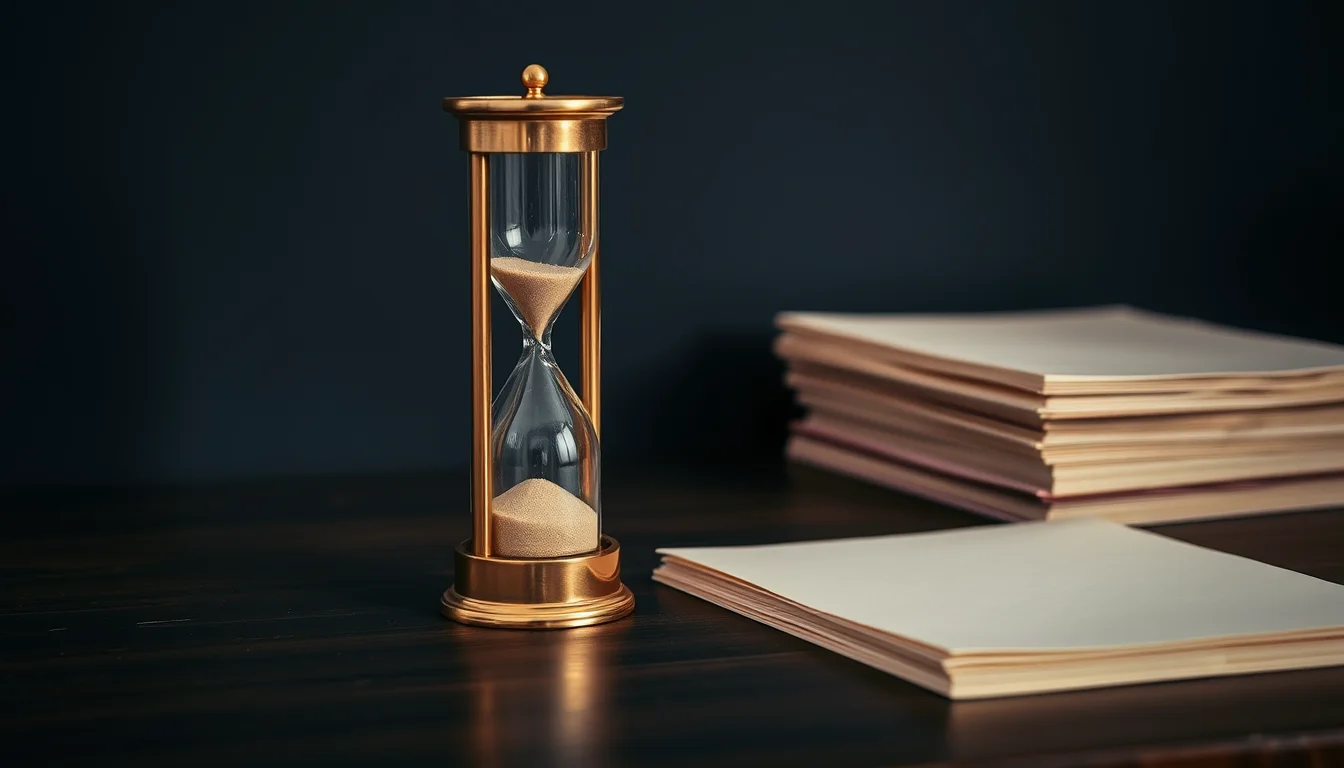 A brass hourglass running out beside a stack of paper on a dark desk, illustrating a late Self Assessment penalty in the UK