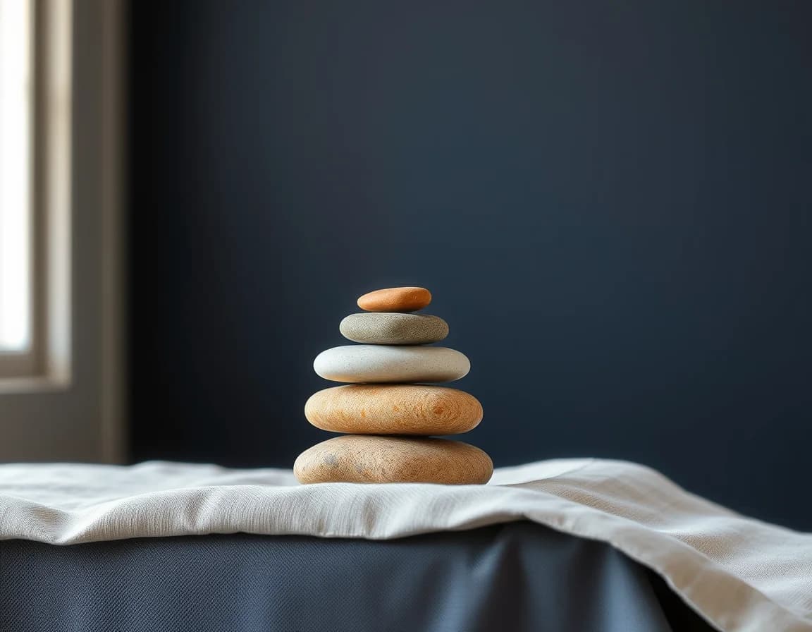 Five smooth stones stacked on linen against a navy wall, like yearly gains taxed under a mark to market PFIC election
