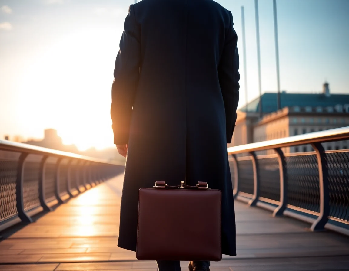 An American commuter with a burgundy briefcase crossing a city bridge at sunrise, paying UK National Insurance